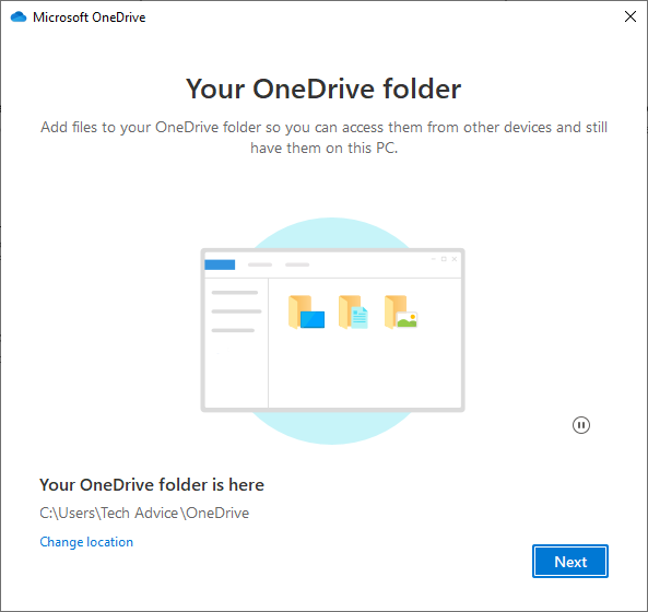 Selecting the OneDrive folder location