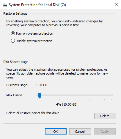 System Restore settings