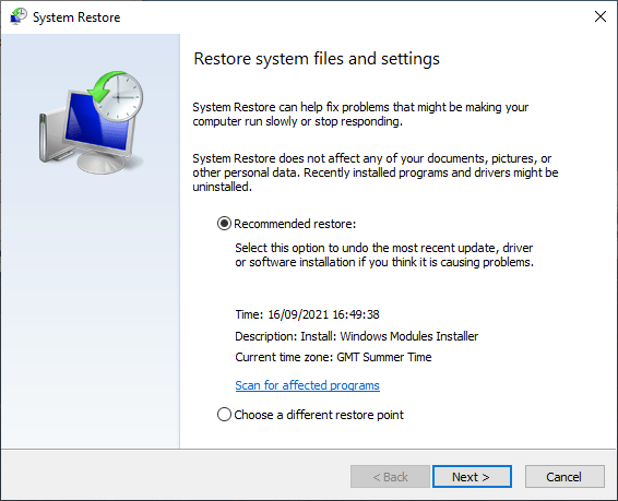 Choosing a restore point