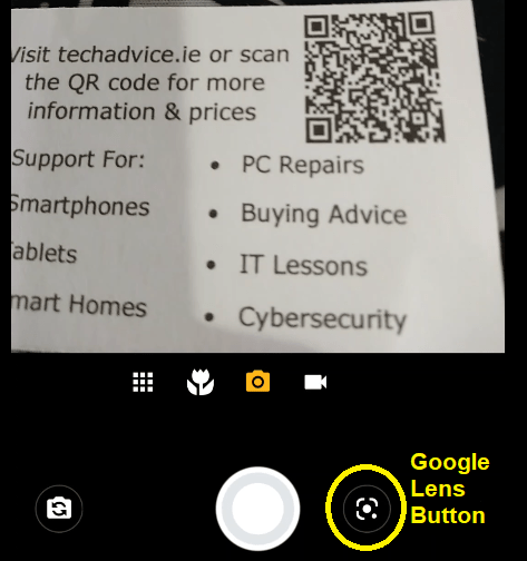 Highlighting the Google Lens button in the camera app