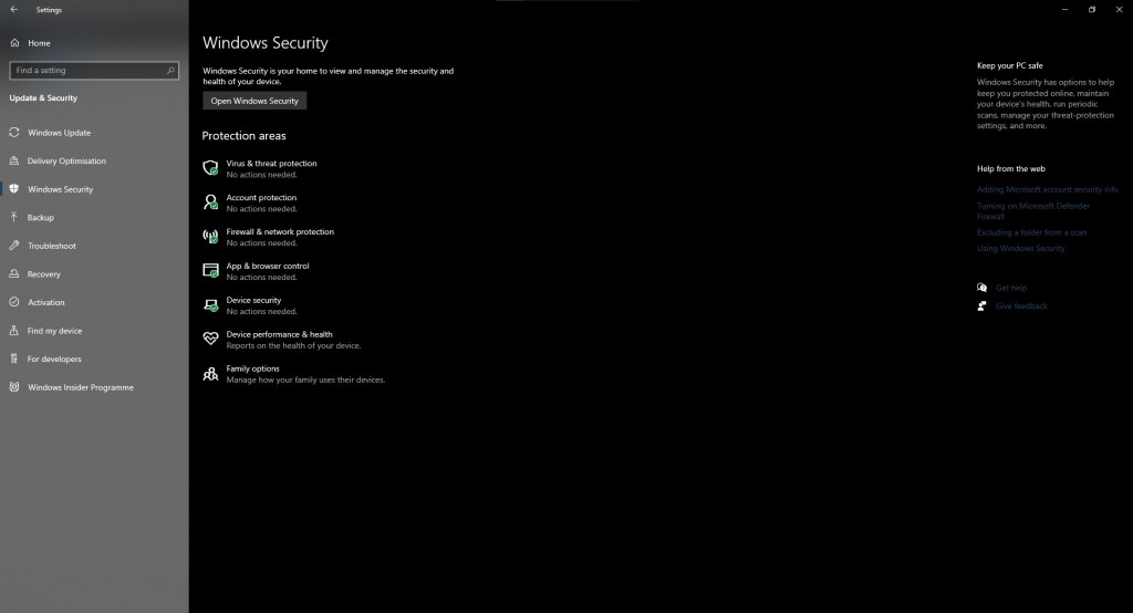 Windows Security dashboard